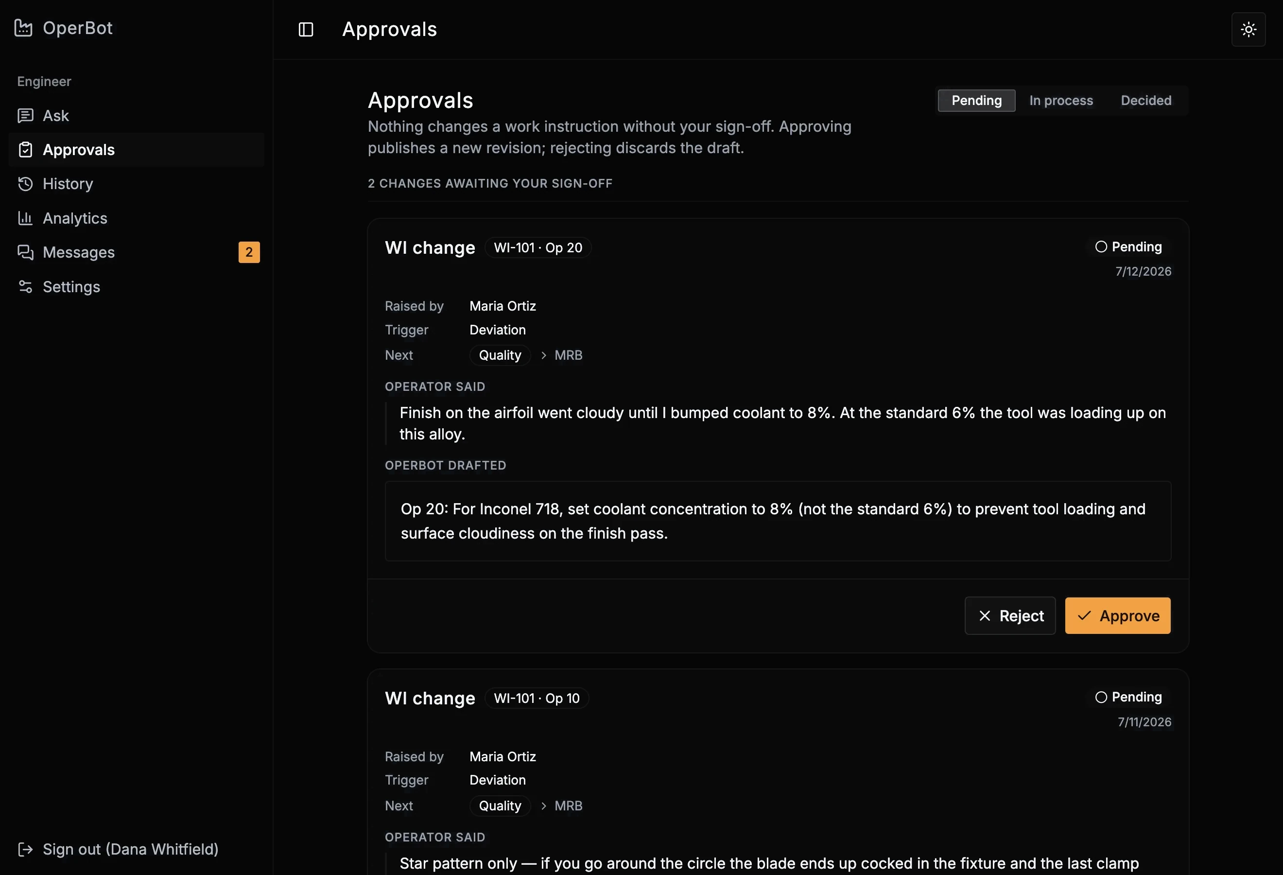 The engineer's Approvals queue: captured answers from the floor waiting on review, each one shown against the work instruction it would change.